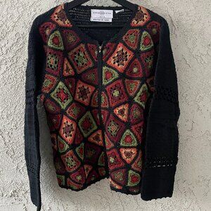 Marisa Christina Petite Granny Square Crochet Zip Sweater Cotton Ramie 90s VTG